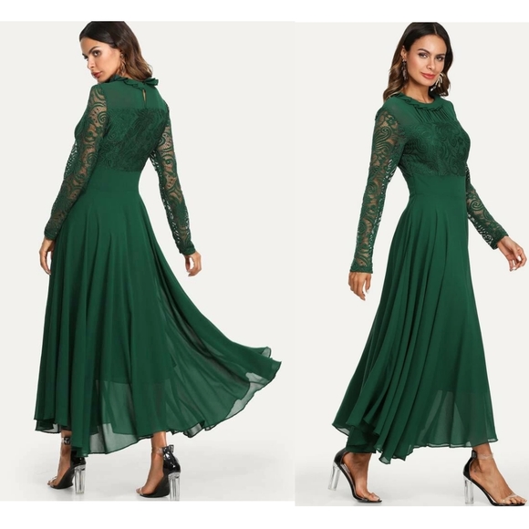 ROIII DARK GREEN FRILL NECK BODICE FLOWRY ONE PIECE DRESS - Picture 2 of 5